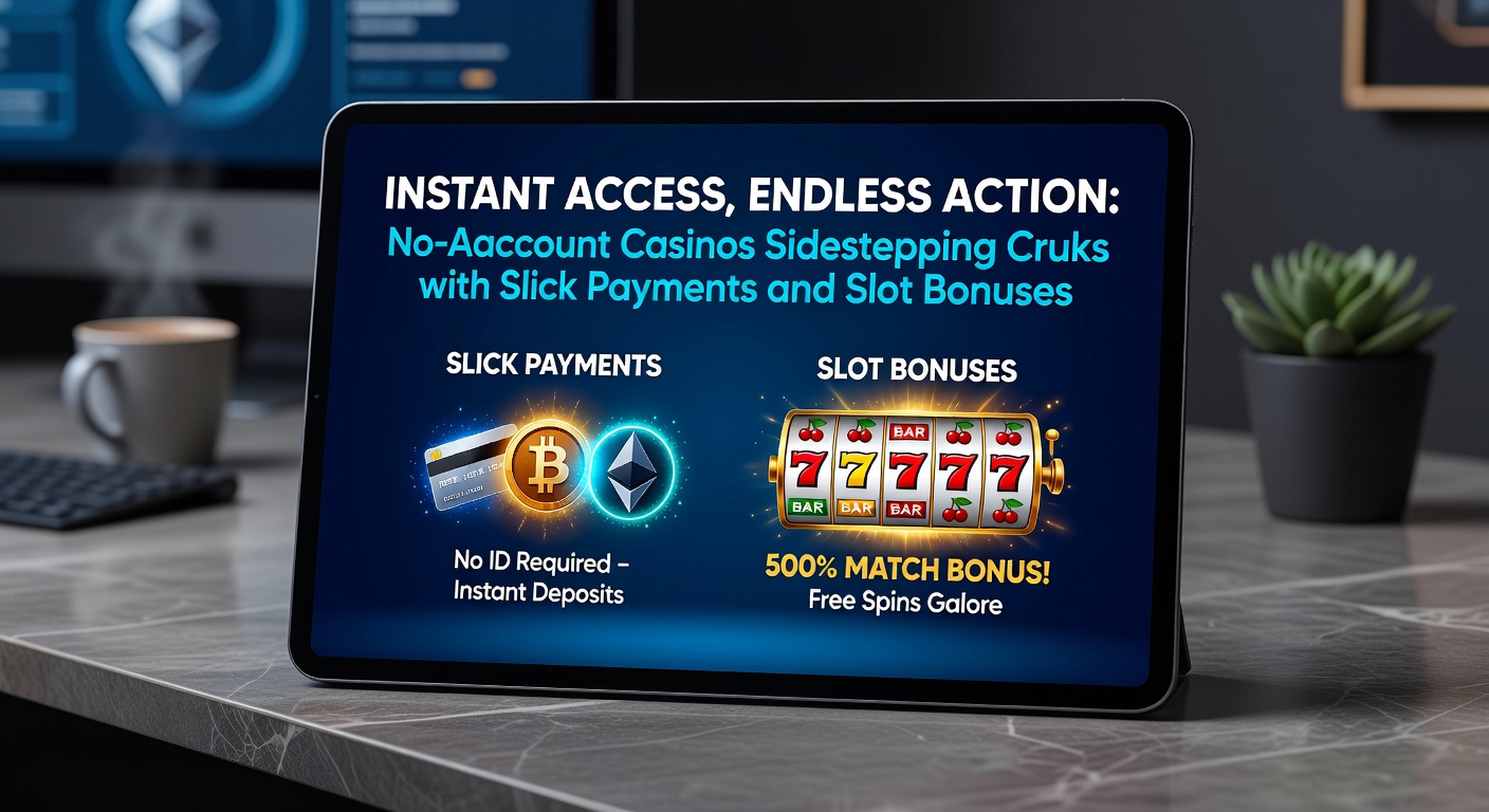 Schermafbeelding van een no-account casino met snelle inlog en betalingsopties, inclusief slots en bonussen