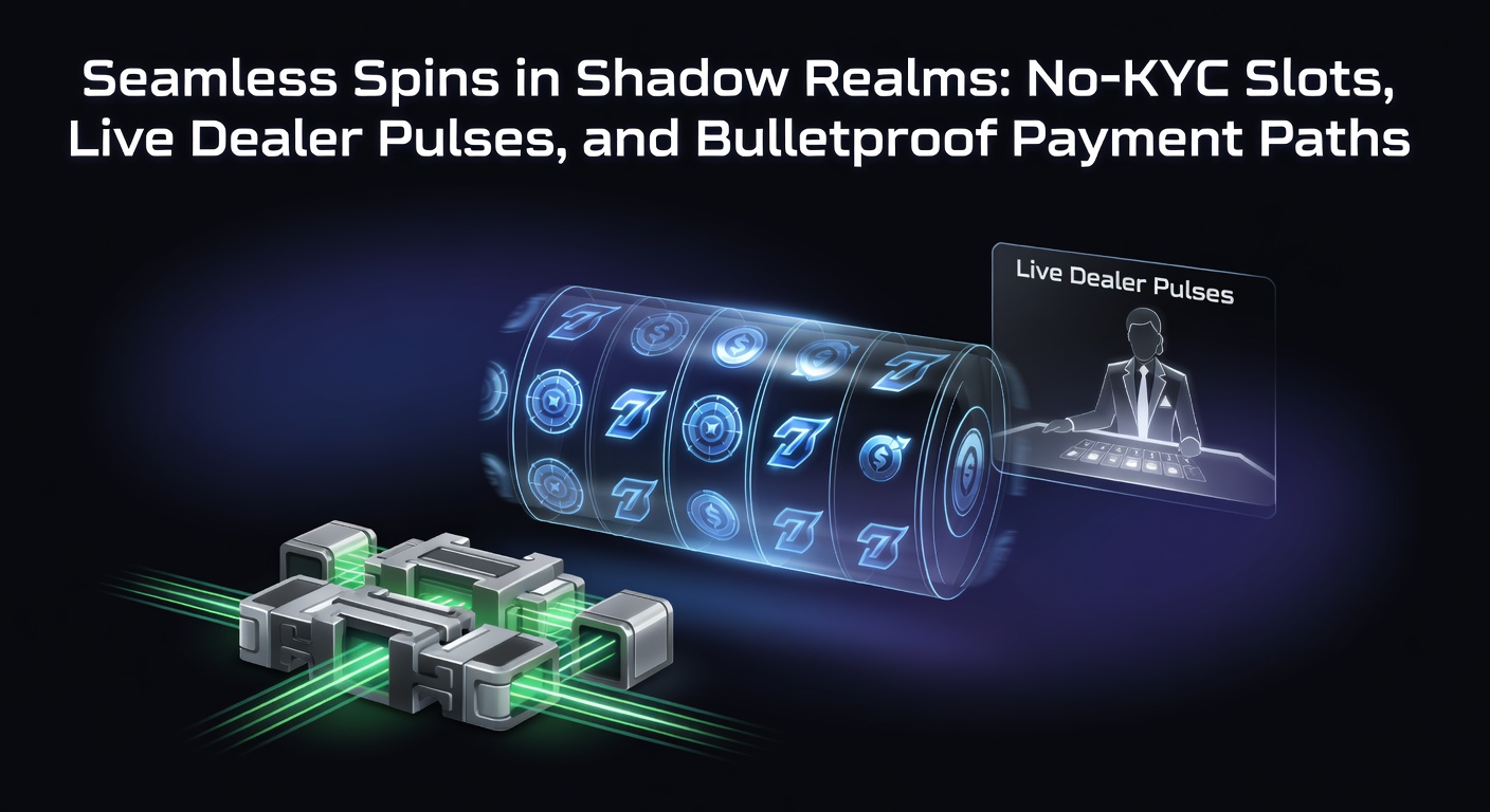 Afbeelding van een dynamische gokkast met neonlichten en anonieme spelers in een virtuele schaduwwereld, symboliserend naadloze spins zonder KYC-verificatie