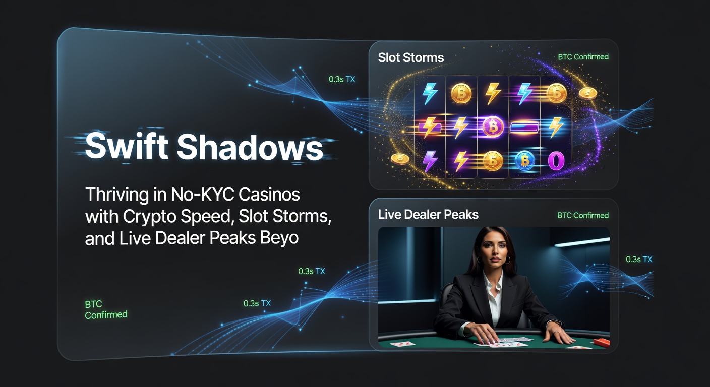 Live dealer tafels met crypto-inzetten en slot-symbolen op een achtergrond van digitale schaduwen, illustrerend snelheid en anonimiteit